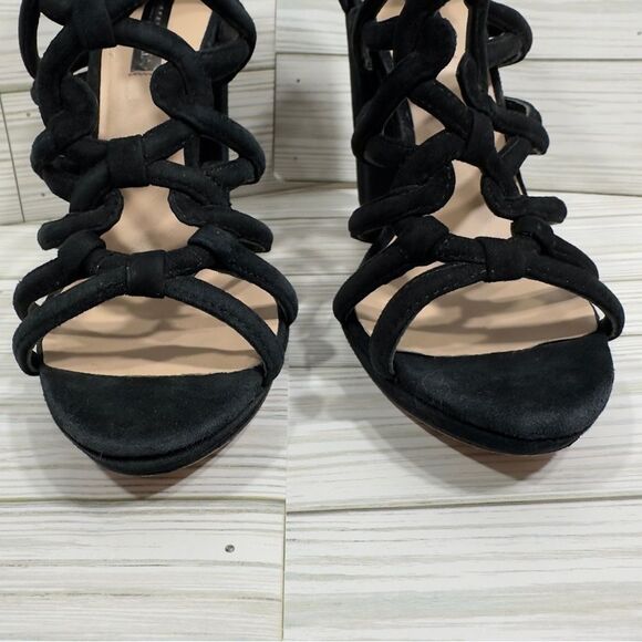 $250 BCBGMAXAZRIA “JEB” SUEDE LEATHER STRAPPY CAGED PUMP HEEL 8 NWT COCKTAIL - Picture 5 of 15